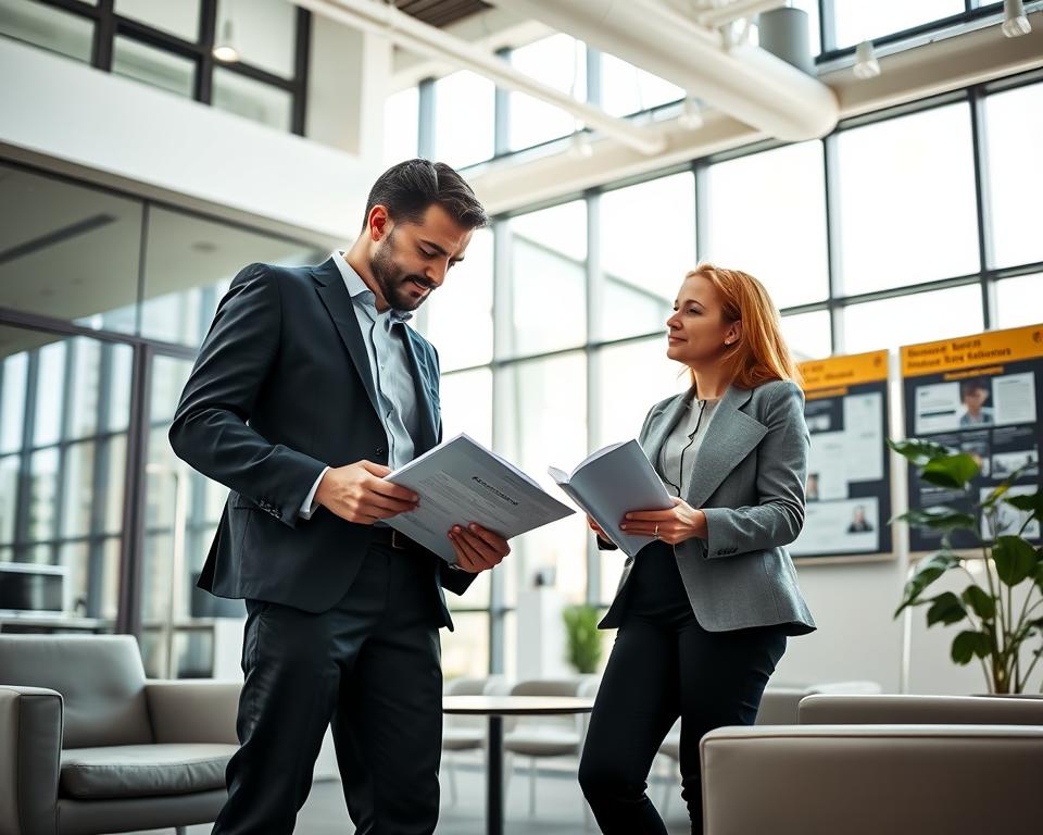 A German professional standing in a bright, airy office, examining a portfolio of job prospects while consulting with a career counselor. High ceilings, large windows, and sleek modern furniture create an atmosphere of efficiency and personalized guidance. The lighting is soft and indirect, casting a warm glow on the scene. The counselor leans forward, engaged in discussion, offering insights and recommendations to support the job seeker's career goals. In the background, a bulletin board displays job postings and success stories, conveying the agency's expertise in German employment.