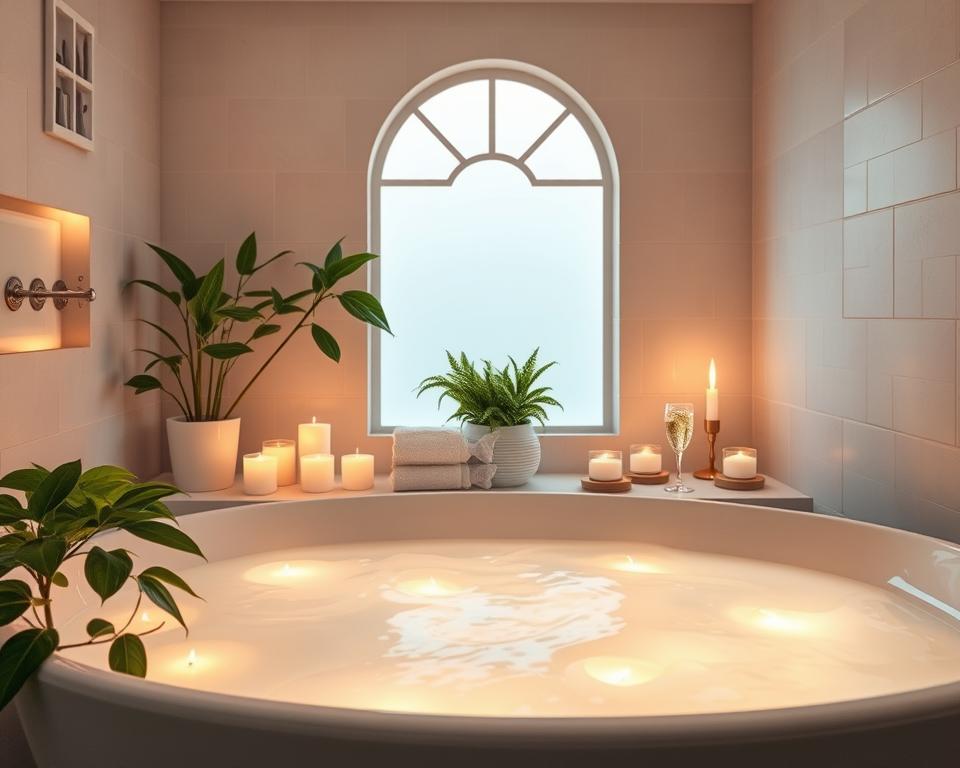 A soothing, pastel-colored bathroom filled with an inviting jelly bath. In the foreground, a plush, oversized bathtub overflows with a translucent, gelatinous mixture in a gentle, iridescent hue. Surrounding the tub, an array of fragrant candles cast a warm, ambient glow, while lush, leafy plants add a touch of natural tranquility. In the middle ground, a selection of self-care essentials, such as plush towels, organic bath salts, and a glass of chilled sparkling water, await. The background features a serene, tiled wall with a large, arched window that allows soft, natural light to filter in, creating a calming, spa-like atmosphere. A soothing, pastel-colored bathroom filled with an inviting jelly bath. In the foreground, a plush, oversized bathtub overflows with a translucent, gelatinous mixture in a gentle, iridescent hue. Surrounding the tub, an array of fragrant candles cast a warm, ambient glow, while lush, leafy plants add a touch of natural tranquility. In the middle ground, a selection of self-care essentials, such as plush towels, organic bath salts, and a glass of chilled sparkling water, await. The background features a serene, tiled wall with a large, arched window that allows soft, natural light to filter in, creating a calming, spa-like atmosphere.