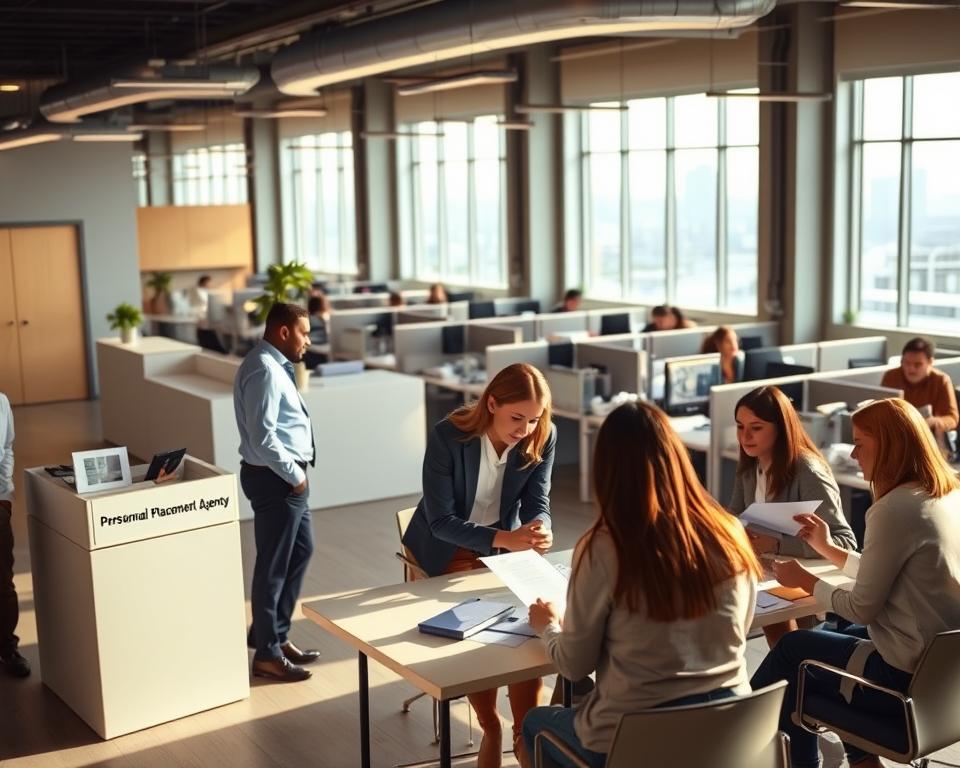 A well-lit, modern office space with a warm, professional atmosphere. In the foreground, a group of people engaged in a discussion around a conference table, examining documents and evaluating options. In the middle ground, a receptionist desk with a sign that reads &amp;quot;Personnel Placement Agency&amp;quot;, and behind it, rows of cubicles with people working at their desks. The background features large windows overlooking a cityscape, casting a soft, natural light across the scene. The overall mood conveys a sense of productivity, collaboration, and the process of finding the right employment match.