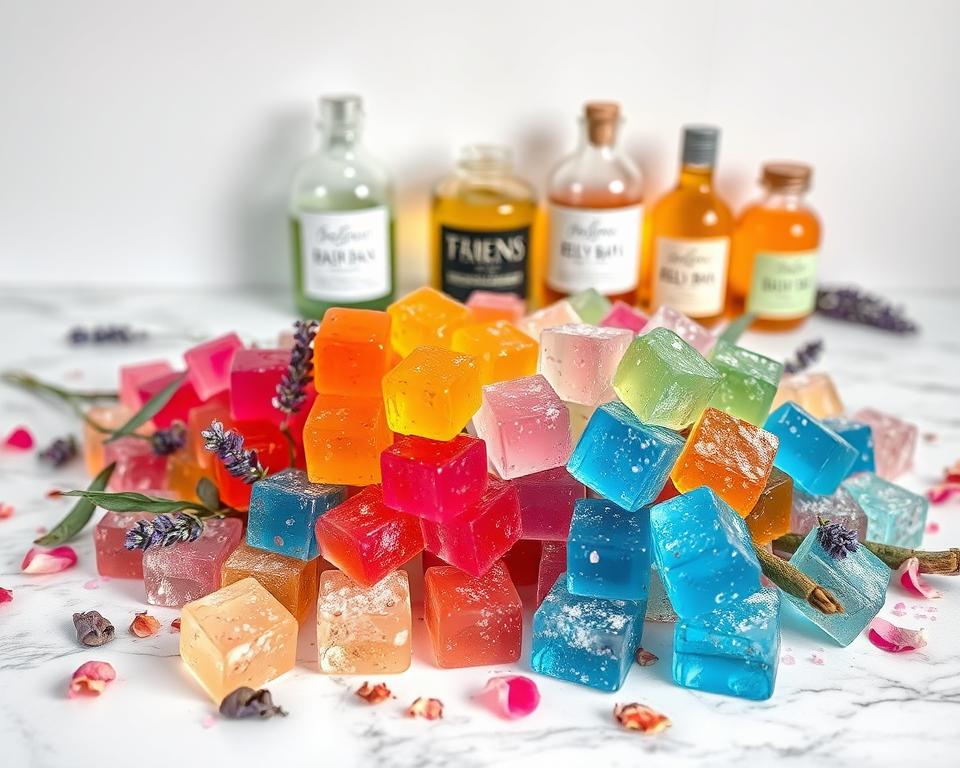 Vibrant and effervescent jelly bath ingredients artfully arranged on a sleek marble countertop. In the foreground, an assortment of colorful jelly cubes, glistening with a translucent, jewel-like quality. Surrounding them, an array of aromatic botanicals - sprigs of lavender, rose petals, and eucalyptus leaves, their textures and hues complementing the jelly's playful allure. Soft, diffused lighting casts a warm, inviting glow, creating a sense of tranquility and relaxation. The middle ground features elegant glass jars filled with nourishing oils and salts, their labels hinting at the luxurious, spa-like experience to come. The background is a minimalist, white-walled setting, allowing the vibrant colors and textures of the jelly bath ingredients to take center stage and captivate the viewer. Vibrant and effervescent jelly bath ingredients artfully arranged on a sleek marble countertop. In the foreground, an assortment of colorful jelly cubes, glistening with a translucent, jewel-like quality. Surrounding them, an array of aromatic botanicals - sprigs of lavender, rose petals, and eucalyptus leaves, their textures and hues complementing the jelly's playful allure. Soft, diffused lighting casts a warm, inviting glow, creating a sense of tranquility and relaxation. The middle ground features elegant glass jars filled with nourishing oils and salts, their labels hinting at the luxurious, spa-like experience to come. The background is a minimalist, white-walled setting, allowing the vibrant colors and textures of the jelly bath ingredients to take center stage and captivate the viewer.