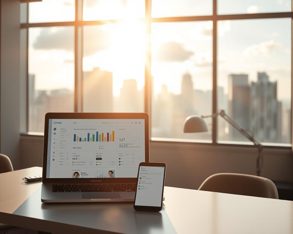 A cloud-enveloped CRM workspace with a sleek, modern interface. Sunlight filters through the windows, casting a warm glow on the screen displaying customer data. In the foreground, a laptop and mobile device seamlessly integrate, showcasing the accessibility and flexibility of the cloud-based platform. The middle ground features a minimalist desk setup, reflecting the clean, uncluttered design. In the background, the cityscape beyond the office windows suggests the global reach and scalability of the CRM system. The scene conveys a sense of efficiency, connectivity, and the empowerment of remote work enabled by the cloud-based CRM solution.