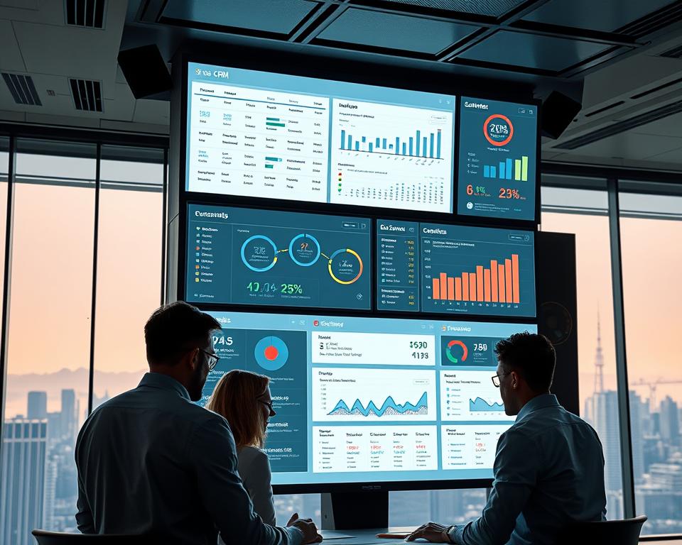 A futuristic office setting with a large, sleek CRM dashboard displayed on multiple high-resolution screens. The screens show detailed customer data, sales analytics, and workflow automation tools. In the foreground, a team of professionals intently studying the data, collaborating on strategies. Muted lighting casts a warm glow, creating an atmosphere of focus and productivity. The background features a panoramic city skyline, hinting at the global scale and connectivity of the CRM system. The overall scene conveys the power, sophistication, and indispensability of dedicated CRM platforms in modern business.