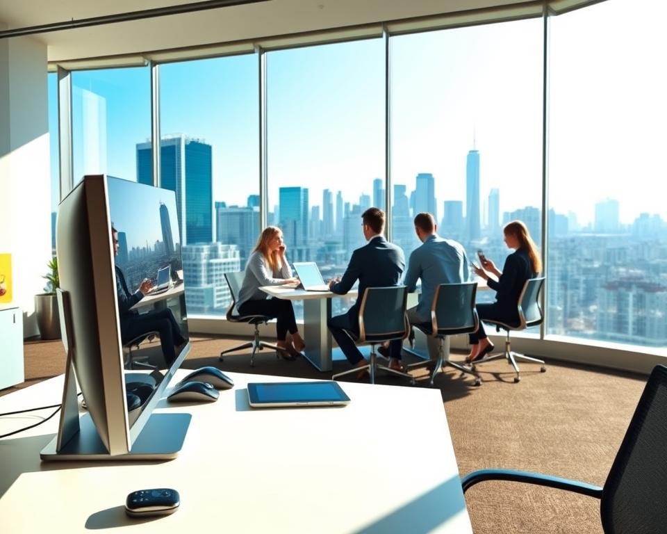 A modern office interior with a large panoramic window overlooking a cityscape. In the foreground, a sleek desk with a desktop computer, tablet, and other office accessories. The middle ground features a team of business professionals collaborating around a conference table, using laptops and mobile devices. The background showcases a vibrant city skyline, with skyscrapers and a clear blue sky. The lighting is natural, filtering in through the window, creating a warm, productive atmosphere. The overall scene conveys the key benefits of advanced CRM software: increased efficiency, seamless collaboration, and data-driven decision-making for a thriving business.