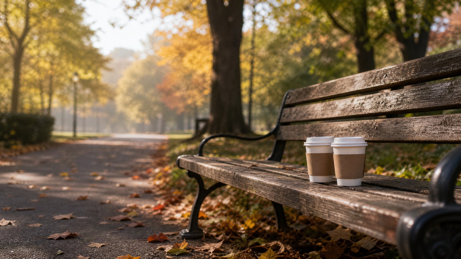 Two takeaway coffee cups side by side on an empty park bench in autumn light