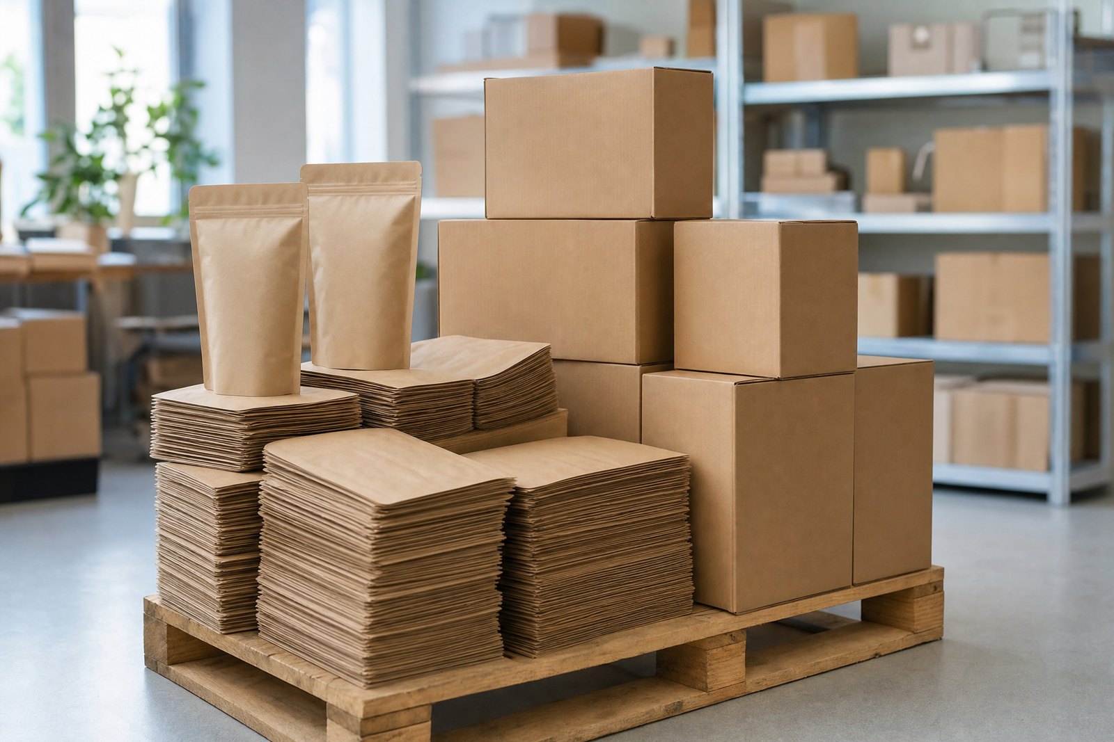 Stacked plain kraft pouches and cartons waiting on a warehouse pallet